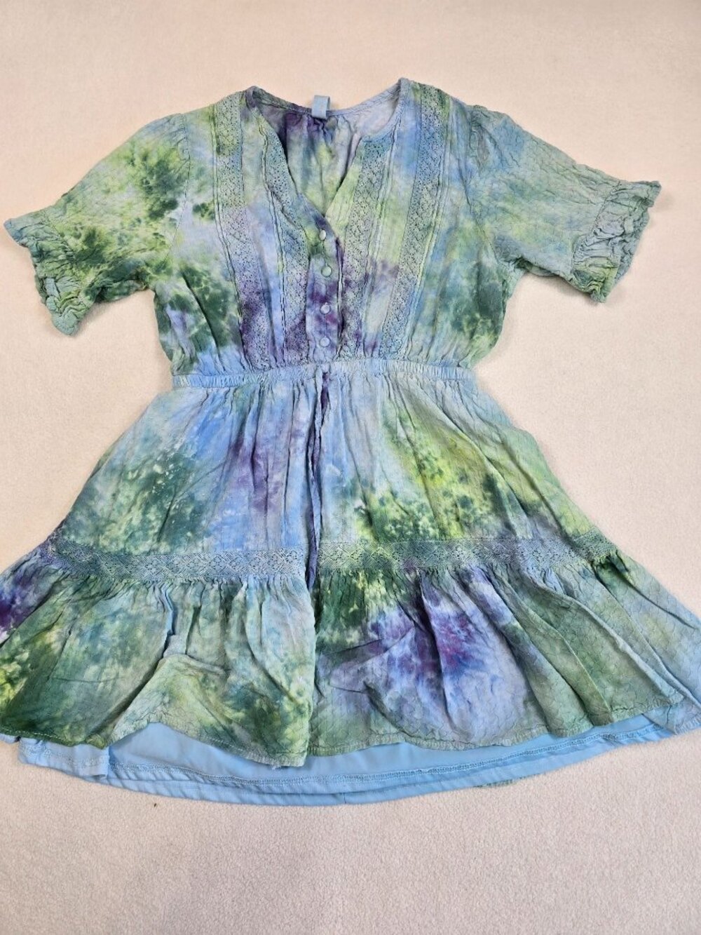 Tie-Dye Bohemian Mini Dress S By L Love Short Sleeve Pastel Blue Green Purple